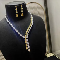 Foydjew Luxury Designer Jewelry Yellow and White Diamond Y-shaped Long Choker Necklaces Drop Earrings Jewelry Sets For Women