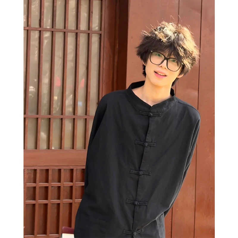 

New Chinese Sle Men's irt Summer Long Sve Stand Collar Button up Casual Outerwear for Younger Polyester Fiber Thin