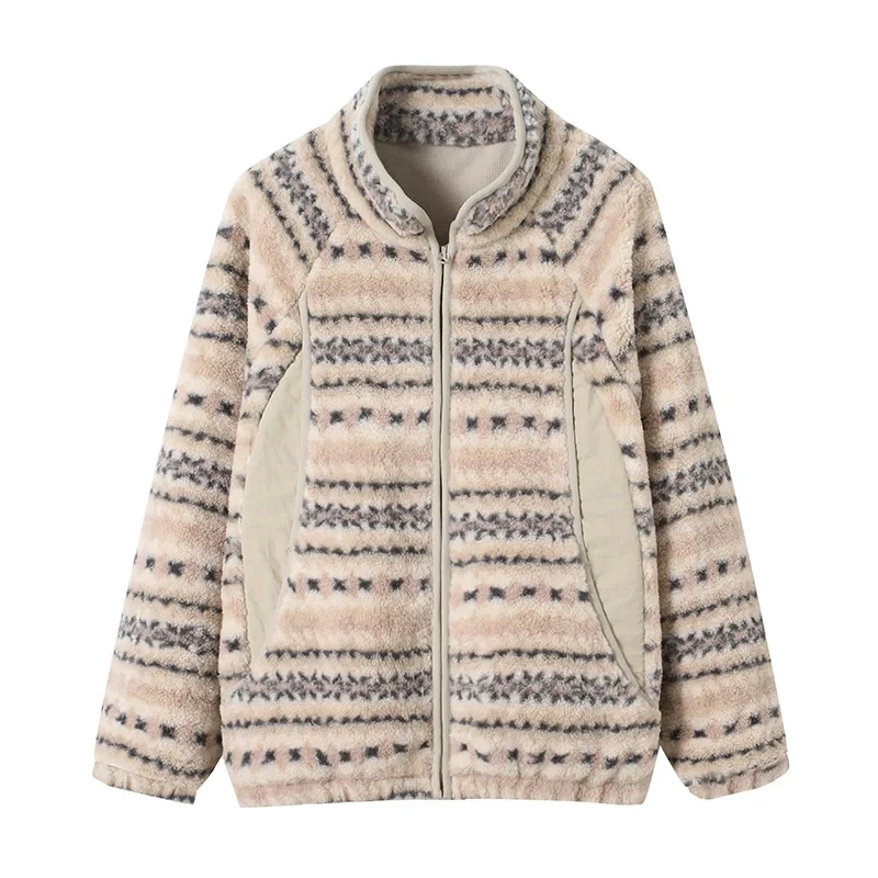 여성용 테이니드 페이스 라이닝 스탠드 칼라 양털 재킷 레트로 스타일 코트 따뜻한 폴리에스터 섬유 롱 슬리브 지퍼 클로저
