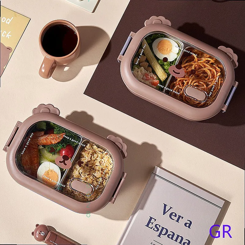 Cute Bear Stainless Steel Insulated Lunch Box for Kids Students Office Workers Bento Set