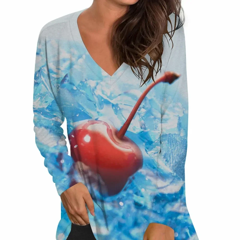 

Women's 3D Printed Casual V-Neck Pullovers Long Sleeve Loose Top T-shirts Korean Fashion Ladies Casual Top Tee Woman Clothes