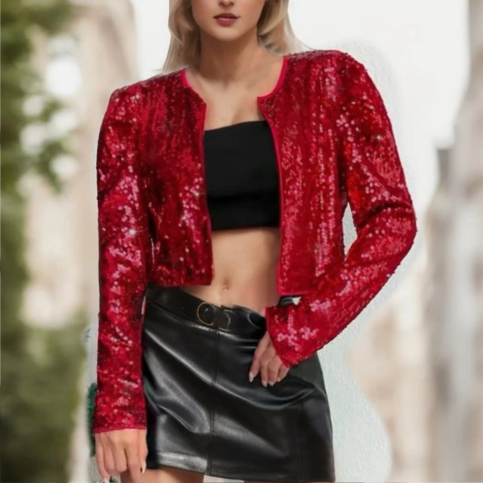 

Women's Autumn/Winter New Trend Rock Short Sequin Jacket Coat Solid Color Hip Hop Streetwear Tops Fahion Long Sleeve Cardigan