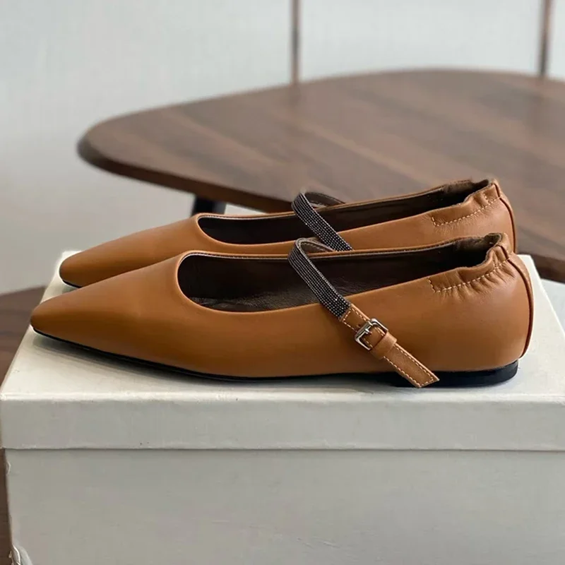 Flats Genuine Leather Buckle Strap Mary Jane Shoes Women String Bead Chain Square Toe Flat Shoes Daily Leisure Lazy Loafers