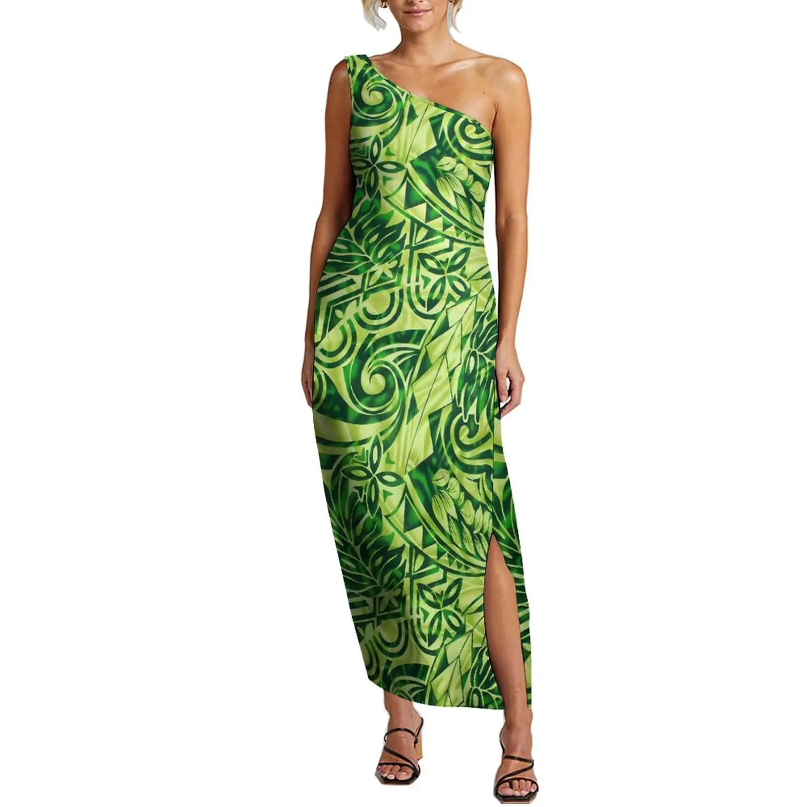 Summer Women'S Off-The-Shoulder Dress Polynesian Tribal Floral Split Women'S Evening Gown Support Design