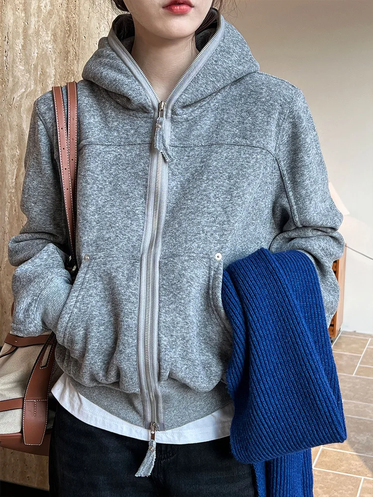 

Thickened Double Zipper Short Knit Hooded Sweatshirt Loose Casual Solid Color Jacket Top Women 2024 Spring Autumn X606
