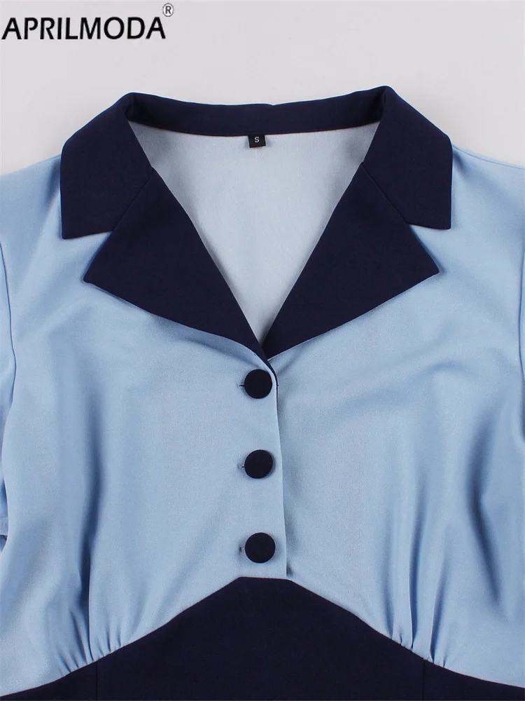 Turn Down Collar Shirt Short Women Vintage Party Evening Dress Patchwork Solid Button A Line Casual Preppy Style Flare Tea Dress