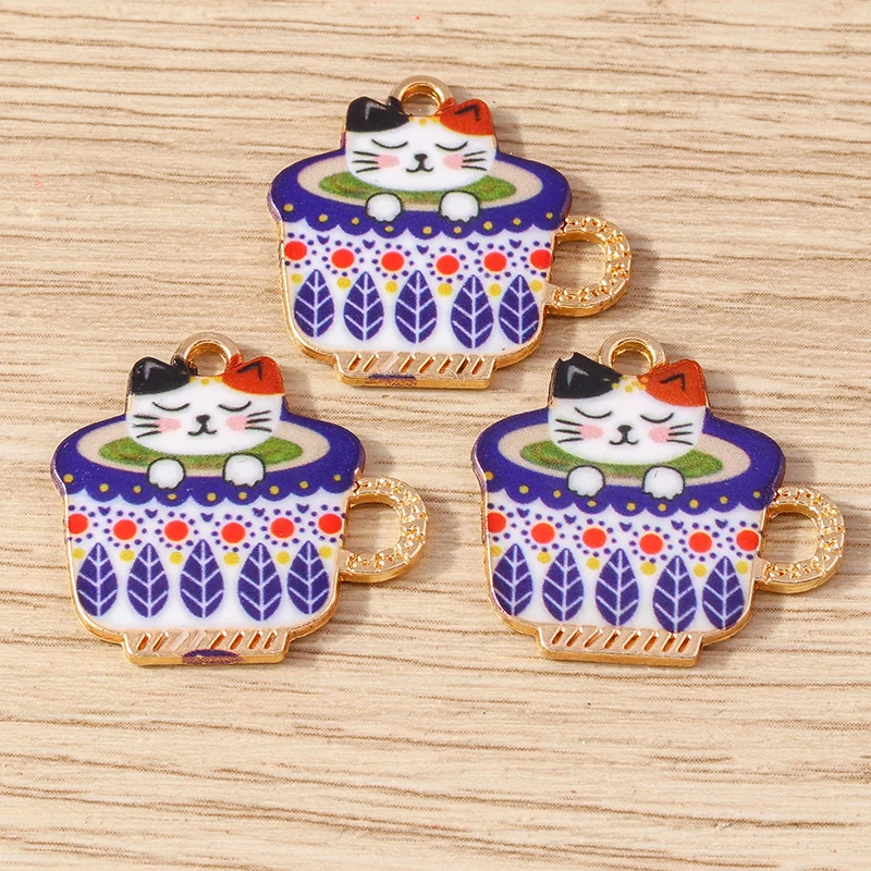 10 stücke 22x22mm Cartoon Tier Charms Emaille Tasse Katze Muster Charms Anhänger für Schmuck Herstellung Ohrringe Halskette DIY Handwerk Geschenke – Detail 7