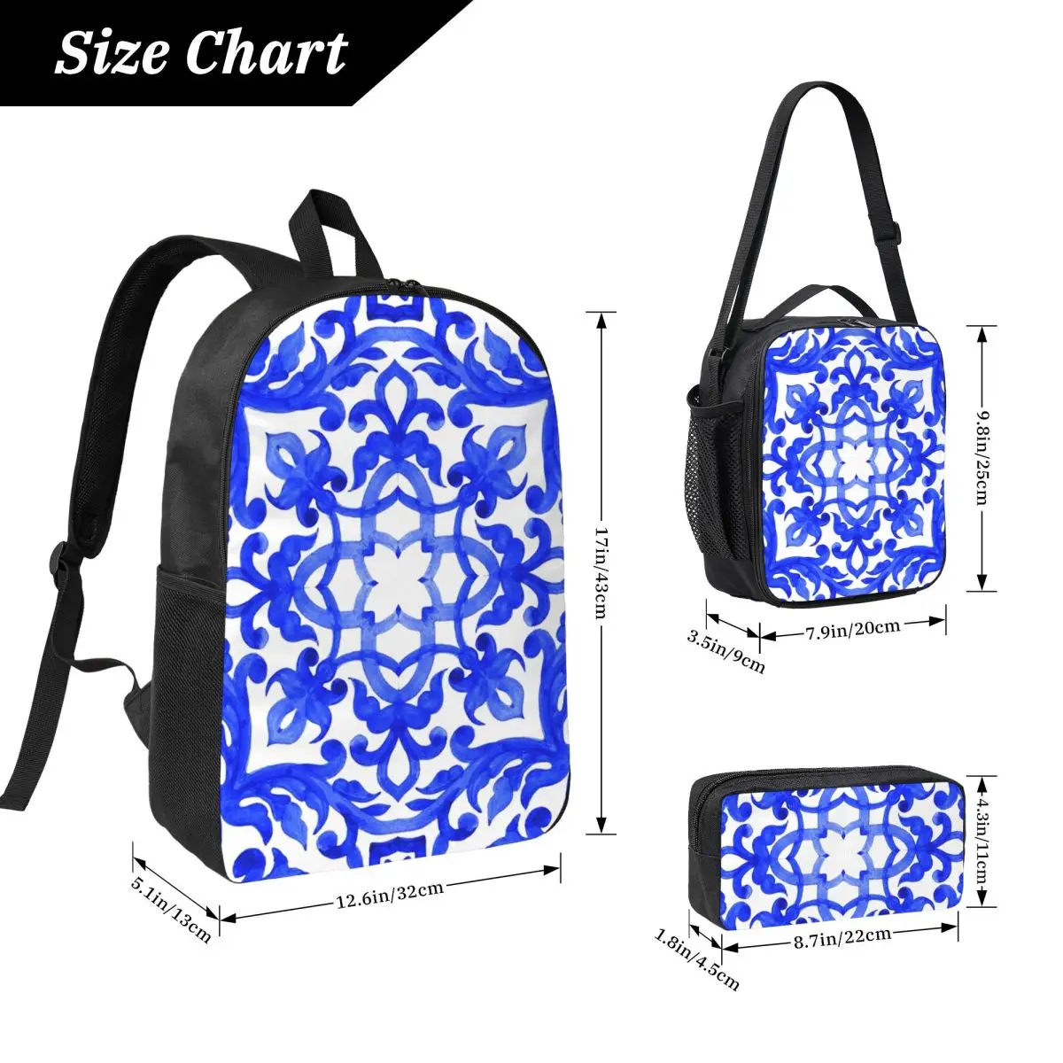 Portuguese Azulejo Tiles Backpack Student BookBag School Bag Laptop Shoulder Bags 3ps Insulated Lunch Bag Pencil Case