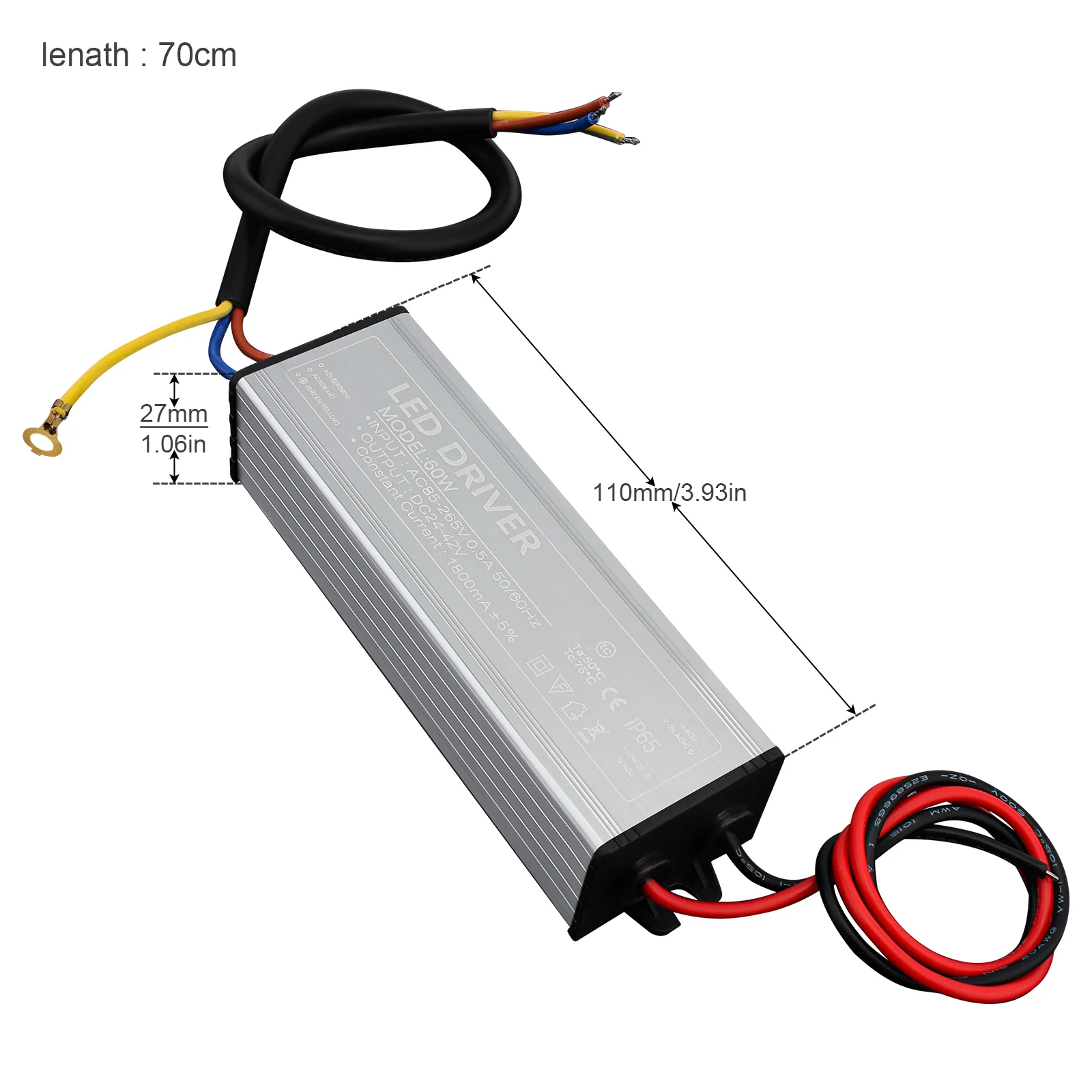 60W Waterproof LED Driver 85-265V AC TO 24-42V DC LED Power Supply Transformer Adapter for LED Chip, LED Strip,billboard