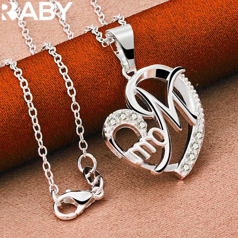 

URBABY 925 Sterling Silver With 16-30 inch Chain AAA Zircon Mom Heart Pendant Necklace For Women Wedding Party Charms Jewelry