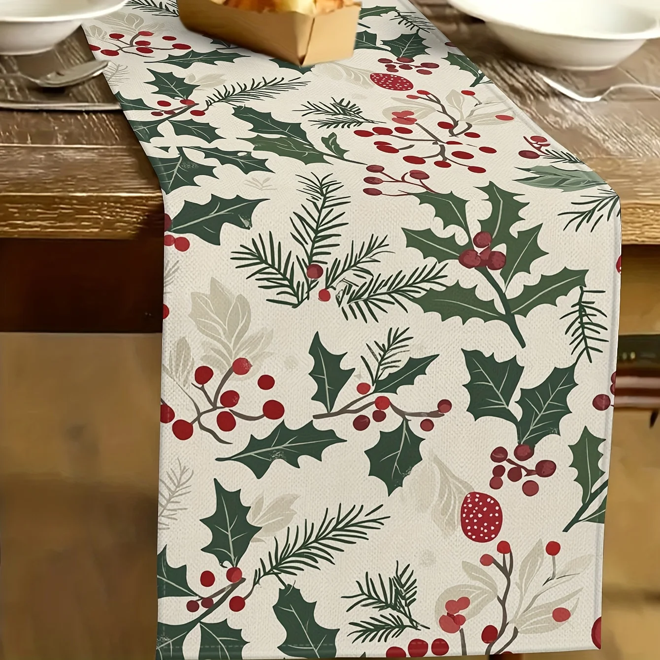 Christmas Holly Pine Needle Linen Table Runner Party Decor Winter Holiday Kitchen Dining Table Runner Christmas Decorations