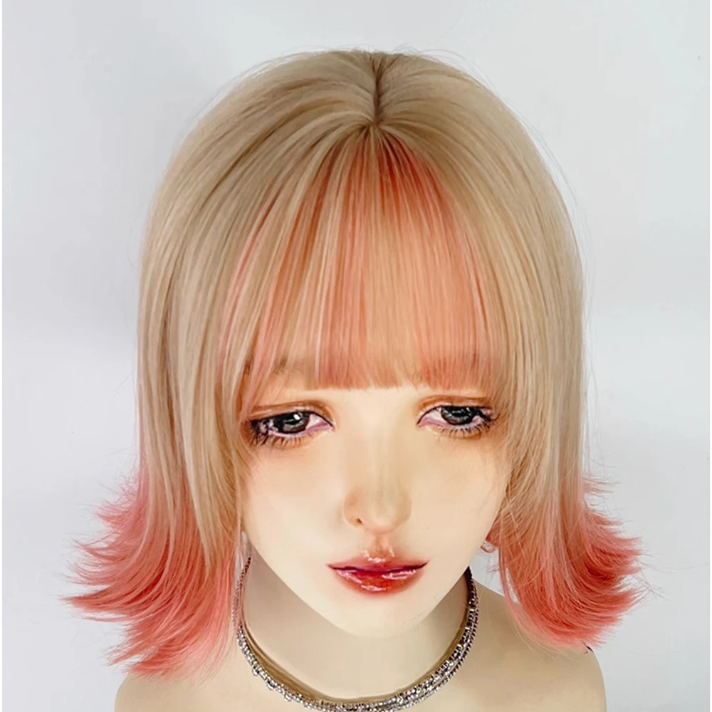 Ombre blond różowy Gradient krótkie proste peruki z grzywką syntetyczne Lolita Cosplay naturalne włosy peruka na codzienną imprezę