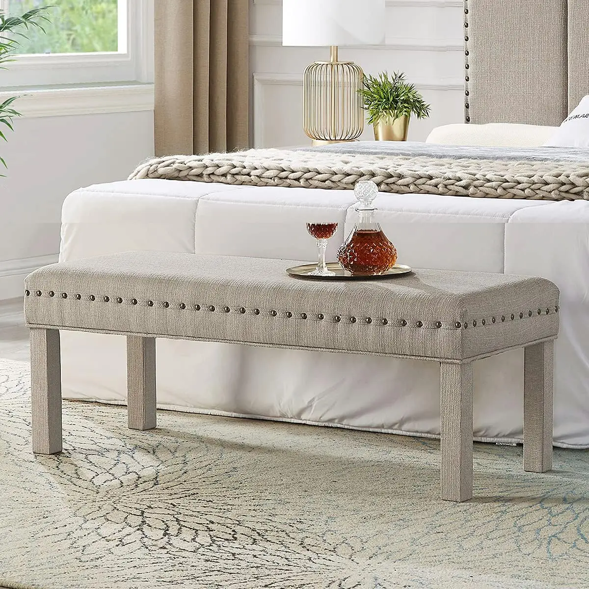 Upholstered Linen Bed Bench With Nail Head Trim,Padded Tufted Bench - Linen