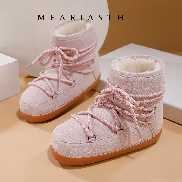 

New Girls Wool Warm Snow Boots For Woman Round Toe Lace Up Kids Flat Shoes Winter Ankle Boots Suede Leather Short Boots Women