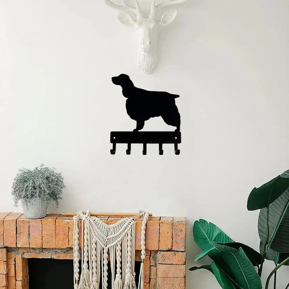 English Springer Spaniel Key & Dog Leash Hanger, Metal Wall Art Storage Rack, Iron Hooks for Coats