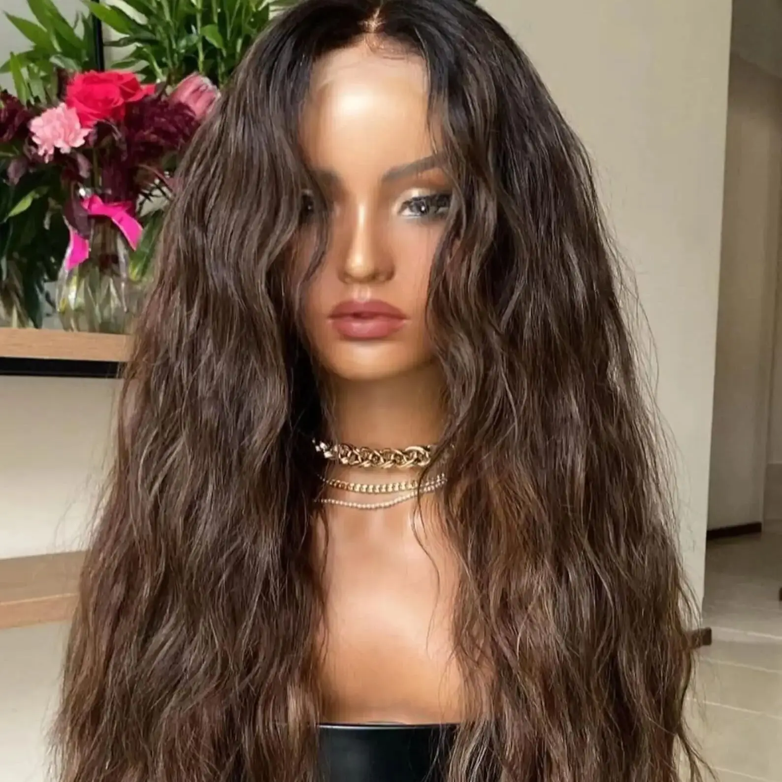 Long Brown 30Inch Glueless 200Density Body Wave Lace 5x5 Silk Base Human Hair Wig For Women BabyHair Preplucked