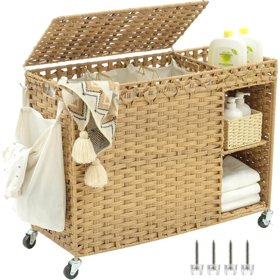 سلة غسيل من الخيزران سعة 180 لترًا مع عجلات وغطاء منسوج يدويًا بتصميم 3 أقسام تتميز بطانة قابلة للإزالة وجيب جانبي لـ E #1
