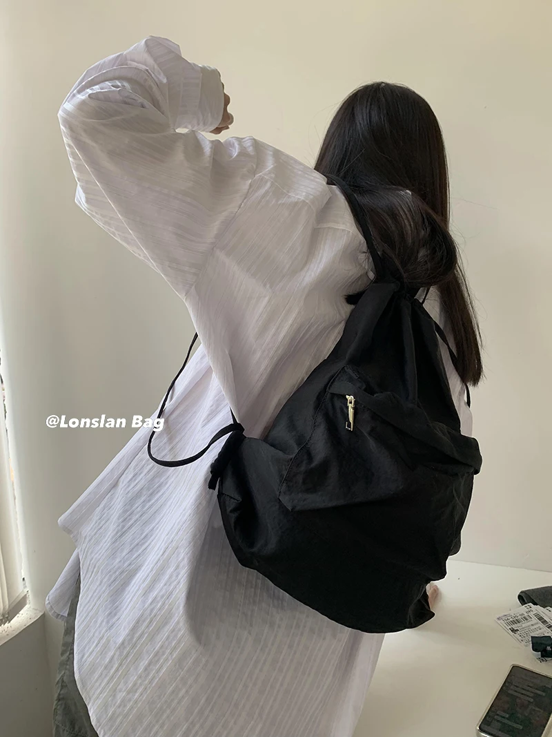 Cool Girls Style Nylon Women Backpack Solid Color Drawstring Travel Commuter Backpack Niche Design Y2k Shoulder Female Bag