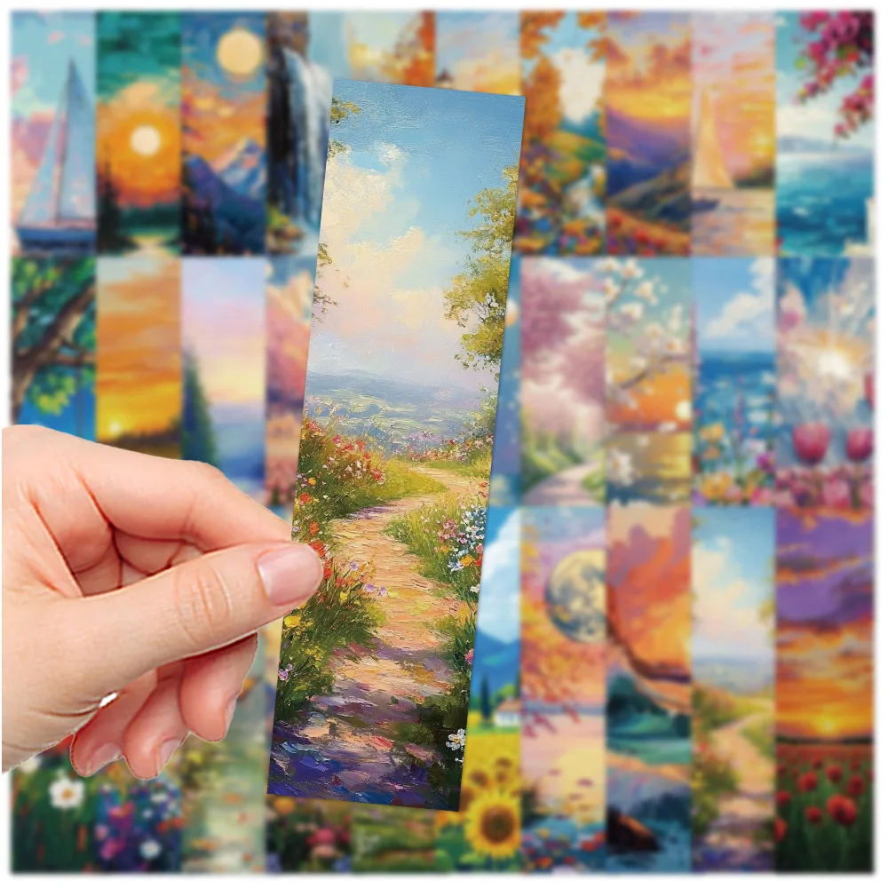 30Pcs Beautiful Romantic Sunset Flowers Grassland Oil Painting Style Art Bookmarks Paper Book Marking Page Number Card Bookmark