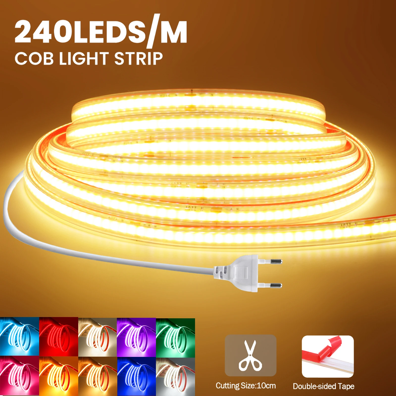 220V COB LED Strip Light Waterproof RA90 High Bright 240LEDs/M EU Plug Red White Pink Yellow Blue Warm Flexible Tape Room Decor