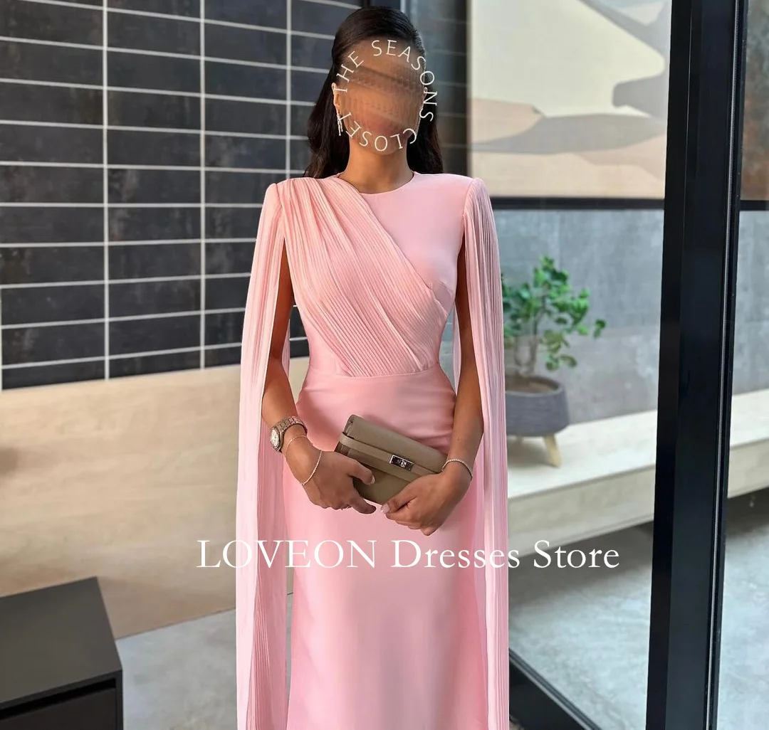 GIOIO O-Neck Simple Evening Dresses Cape Sleeves Pink Formal Customized Ruched Vintage Elegant Prom Gowns Party Women