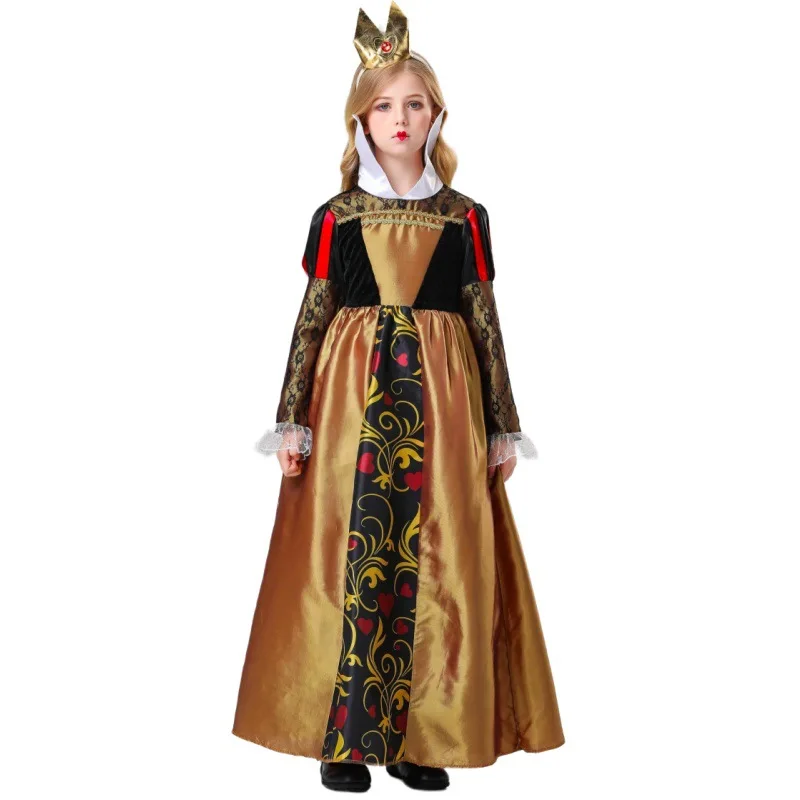 Robe de reine rouge pour enfants, costume de cosplay, tenue de reine des cœurs, vêtements d'Halloween pour filles