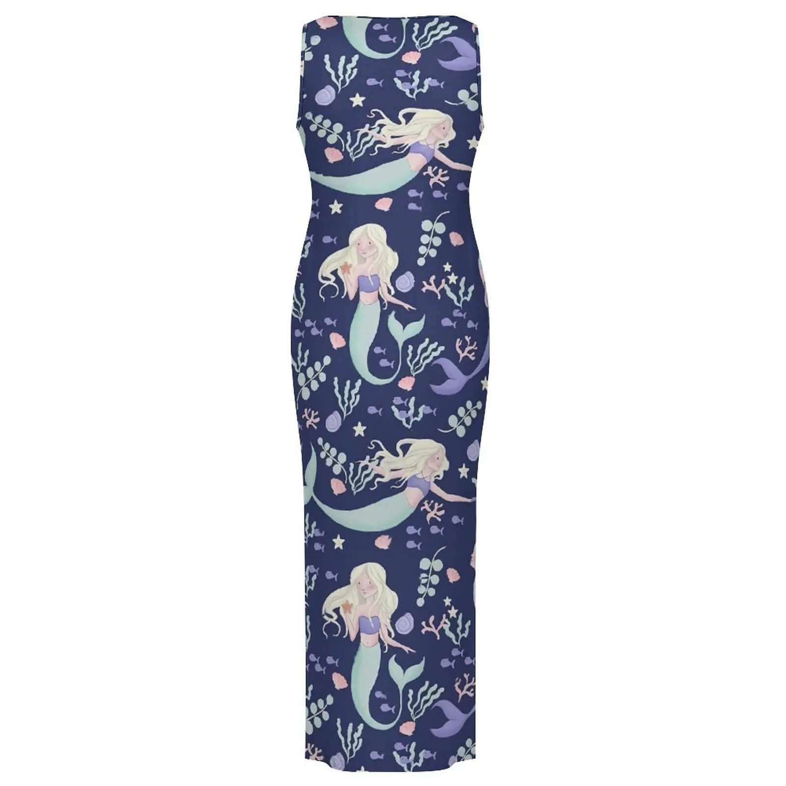 Mermaids Swimming Bodycon Dress Summer Floral Print Retro Maxi Dresses Woman Sleeveless Design Street Fashion Dress Big Size 4XL