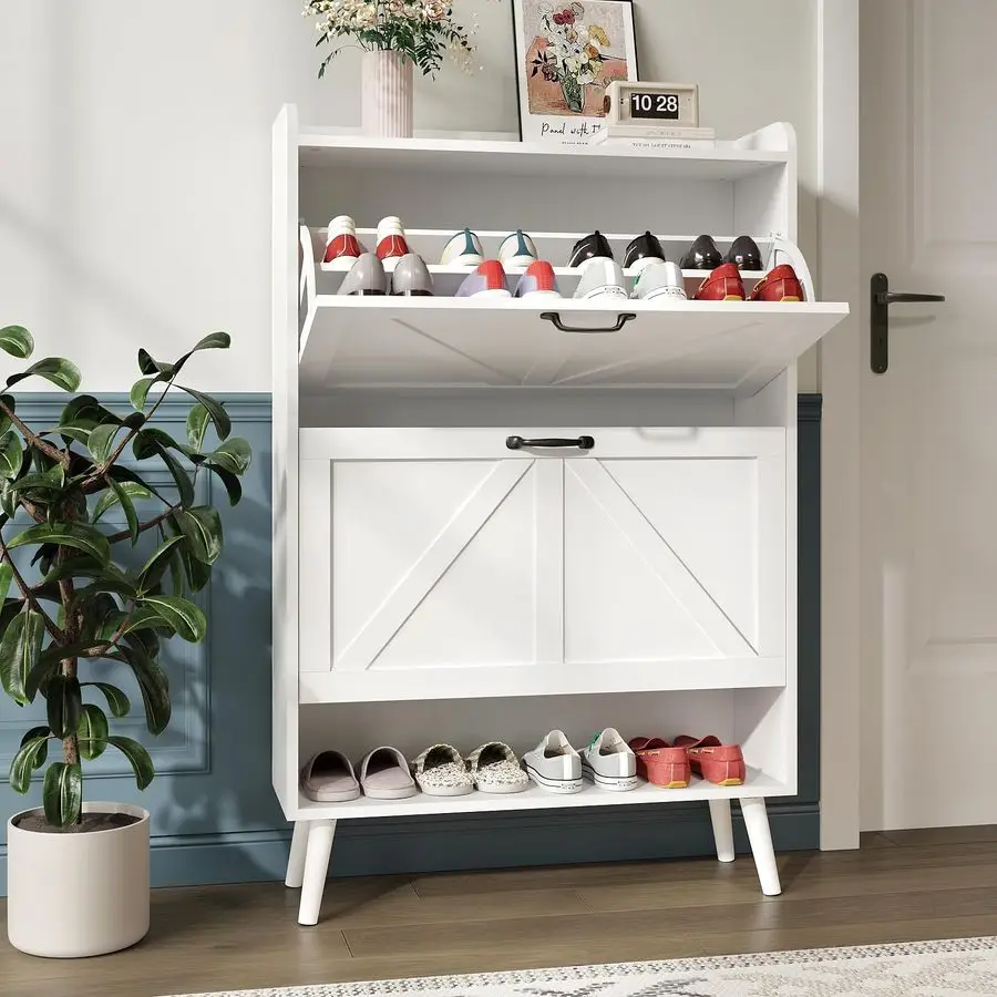 

Shoe Cabinet with 2 Flip Drawers, Freestanding Shoe Storage Cabinet for Entryway, Farmhouse Shoe Organizer Cabinets with Wood L