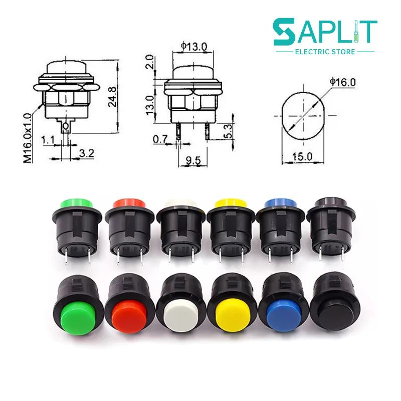 Black/Blue/Red/White/Yellow/Green R13-507 Momentary Push Button Switch 16mm 2Pins 6A/125VAC 3A/250VAC Round Electrical Switchs
