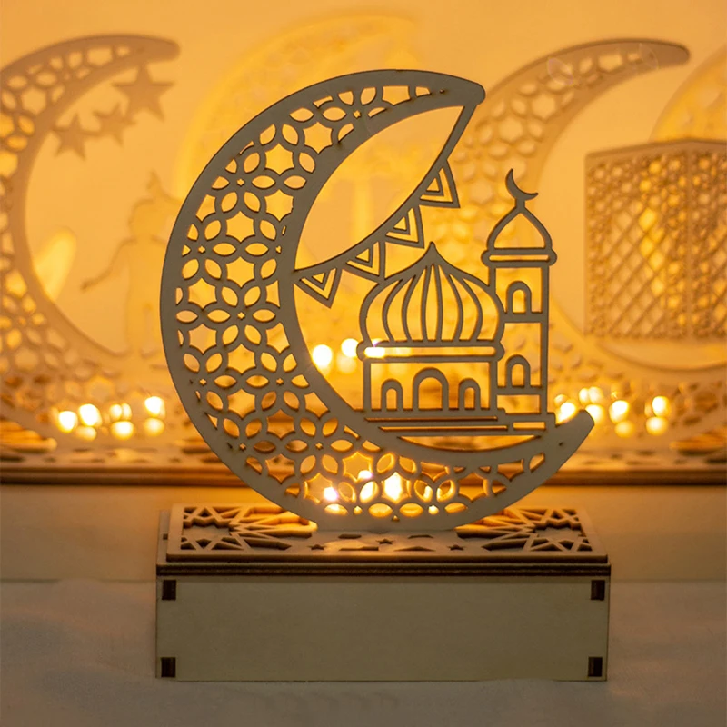 Wooden LED Moon Light Home Decor 2025 Eid al-Fitr Decoration Lamp Desk Ornament Crescent Moon Light Party Supplies Eid Gifts