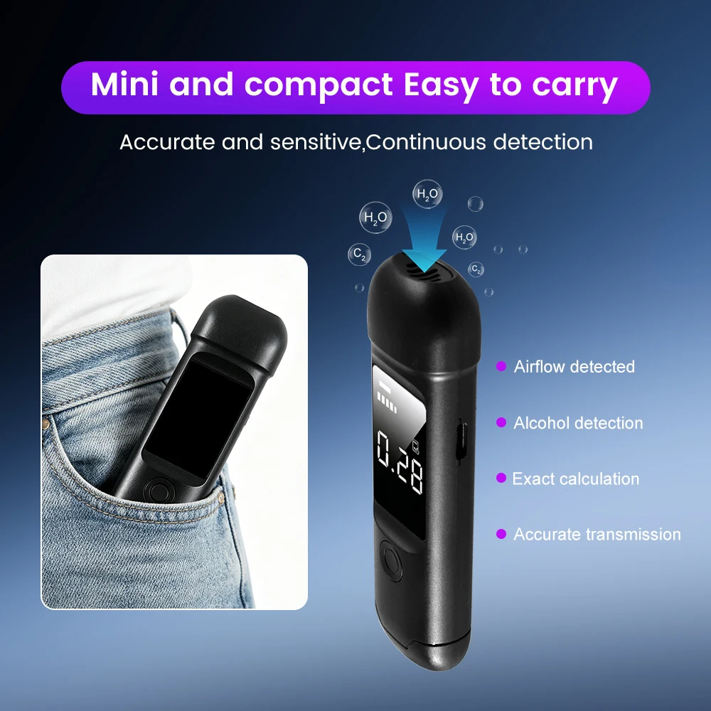 Portable High Accuracy Professional Digital Alcohol Tester Alcohol Breathalyzer Display Type-C Rechargeable For Car Safety Elect