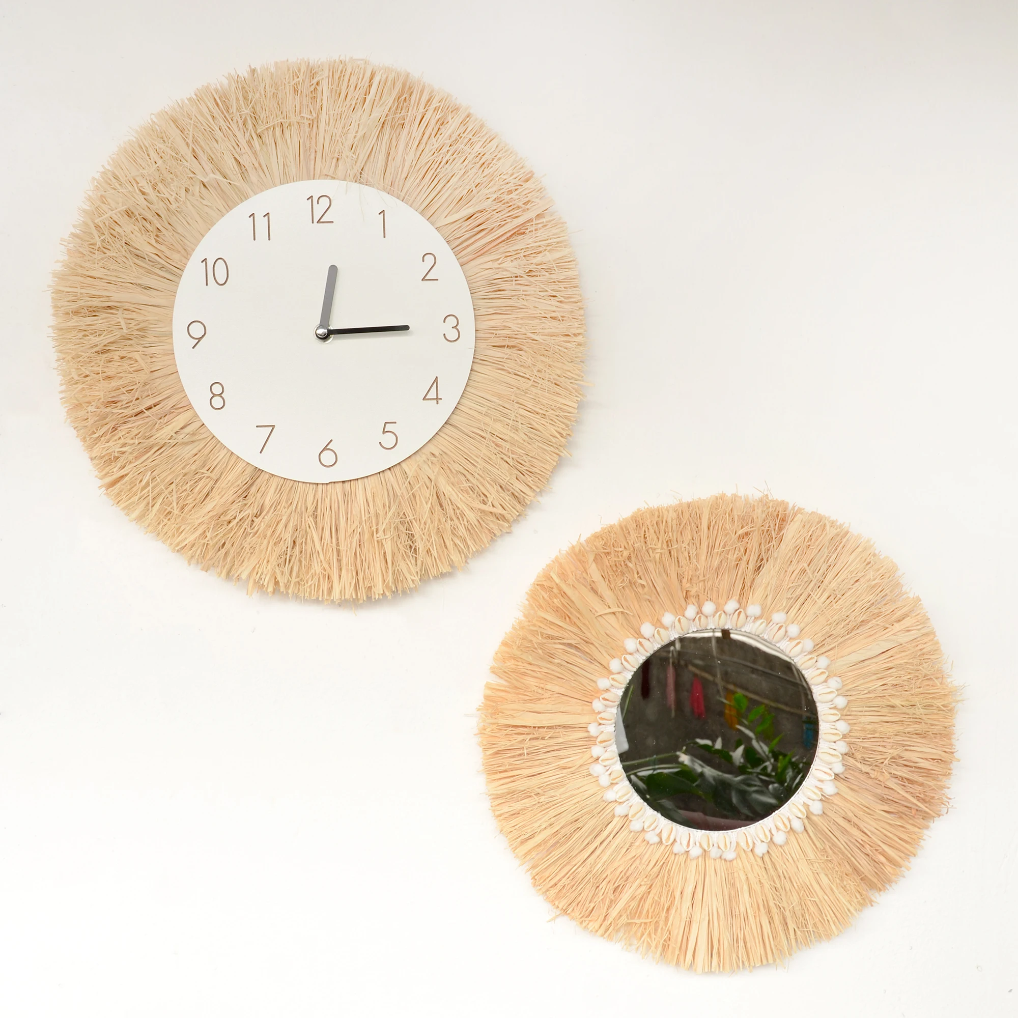 ساعة قش بوهو منسوجة يدويًا للديكور المنزلي ، تعليق حائط مكرمي ، مرايا ، غرفة نوم