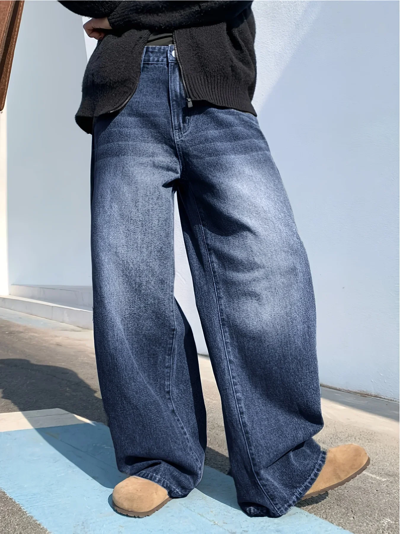 1 Piece American Gradient Wash Baggy Jeans, Dark, Casual Style, All Seasons, Pocket Detailing, Relaxed Fit, Fit for Adults view 4