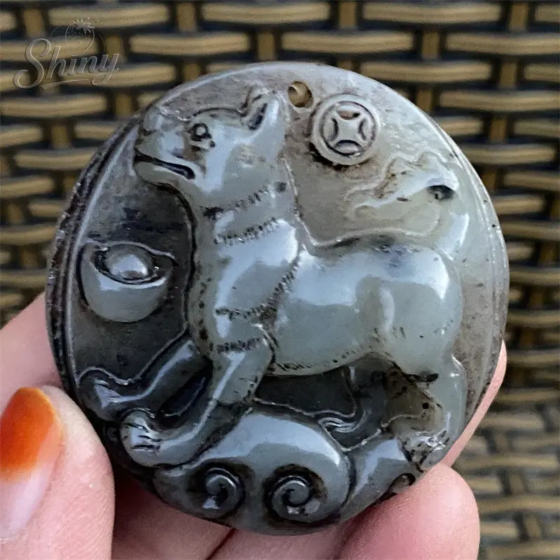 

Old Chinese Jade Carved Fengshui 12 Zodiac Dog Eight Diagrams Amulet Mini Feng Shui Desktop Decorative Ornament