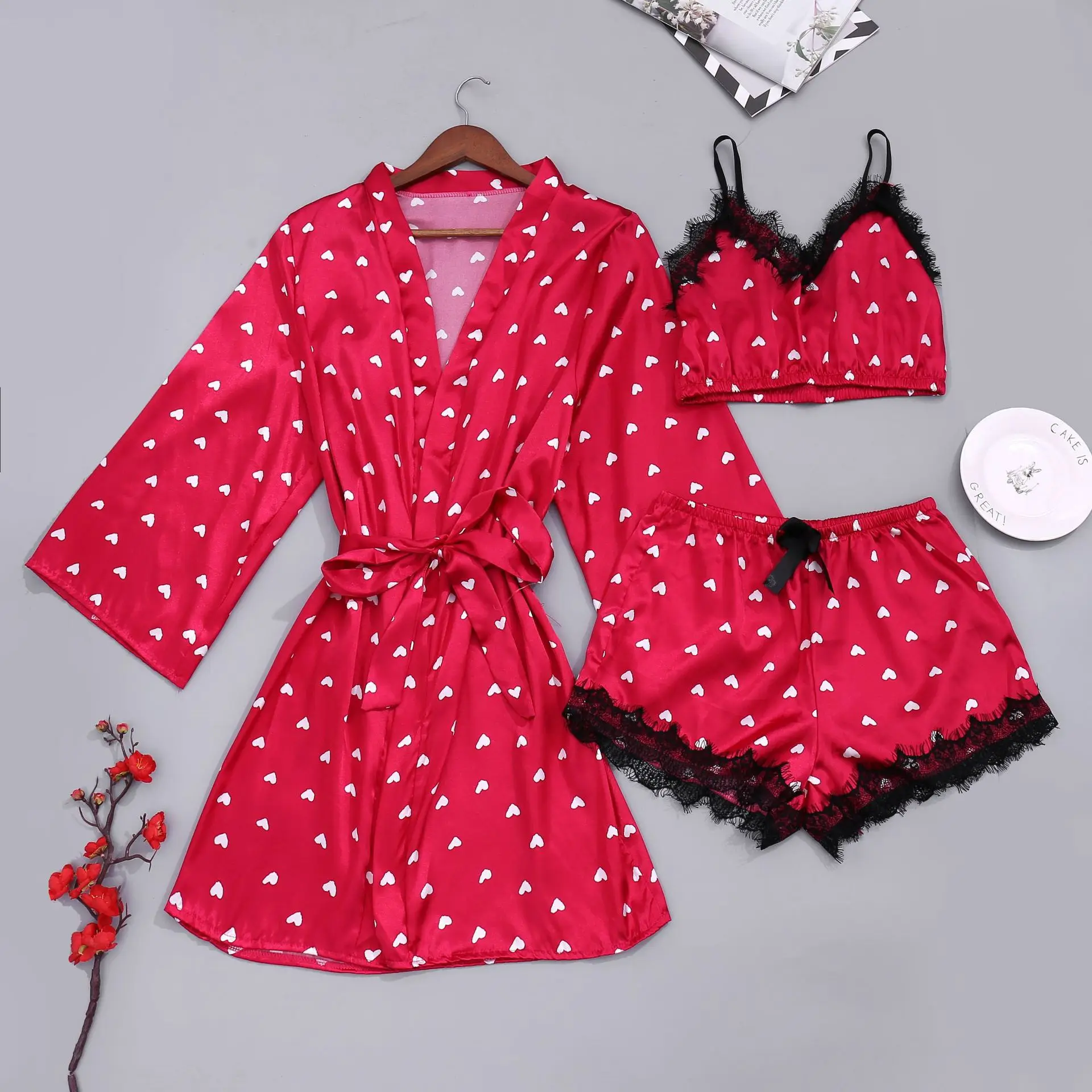 Women\'s New Sexy Pajamas Three-Piece Sexy Sling Pajamas Nightgown Robe Ice Silk Love Heart Printing Leisure Pajamas Homewear Set