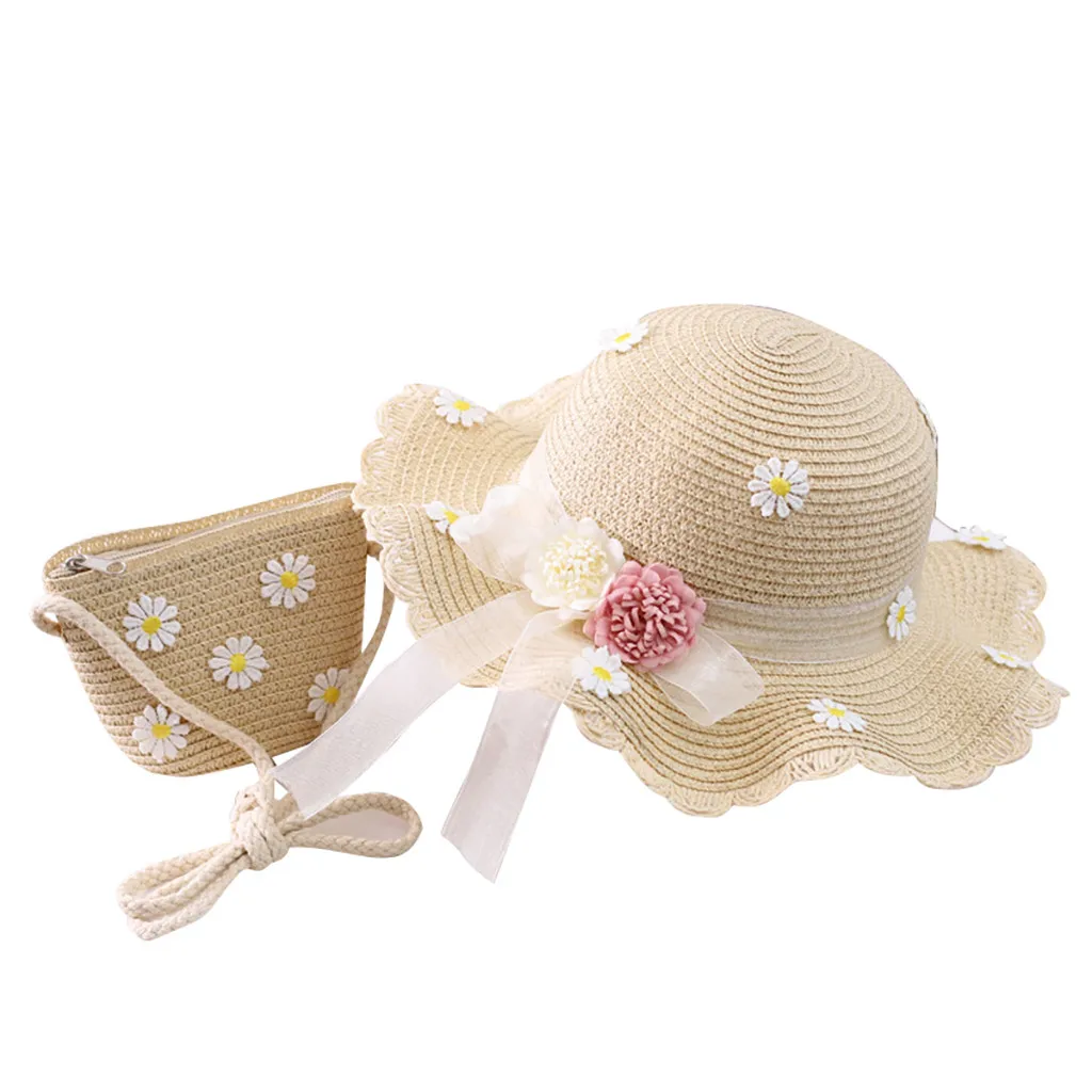 Girls 2-8 Age  Tourism Sun Hat Flower Children Sun Hat And Bag Set