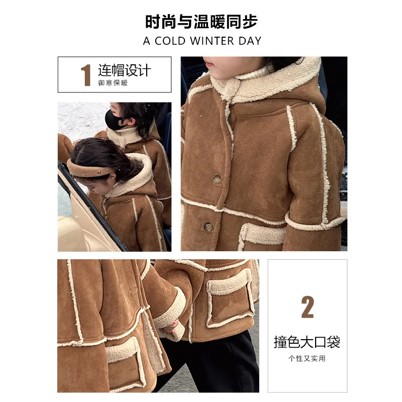 Children's fur one-piece coat, boys' lambskin motorcycle suit, suede fur coat, girls' double-sided winter clothing, Korean versi