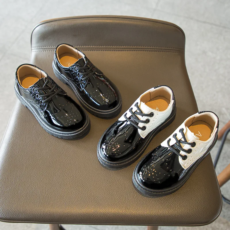 

New Children's Shiny Leather Shoes Boys and Girls Oxford Sole Shoes Student Dress Leather Shoes Large Kids Performance Lace-up