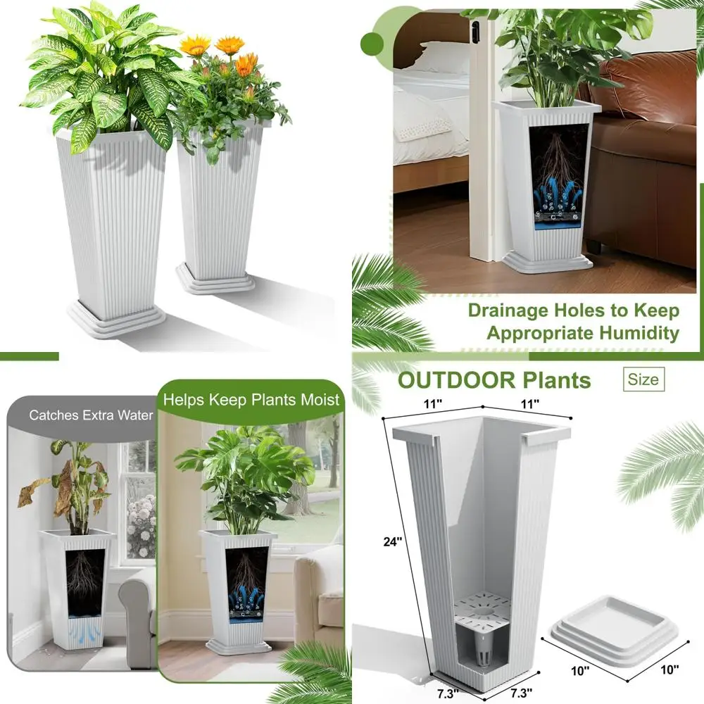 

Outdoor and Indoor Planters Set of 2, 24-Inch Tall Tapered Flower Pots with Drainage, Ideal for Front Porch and Patio Decoration