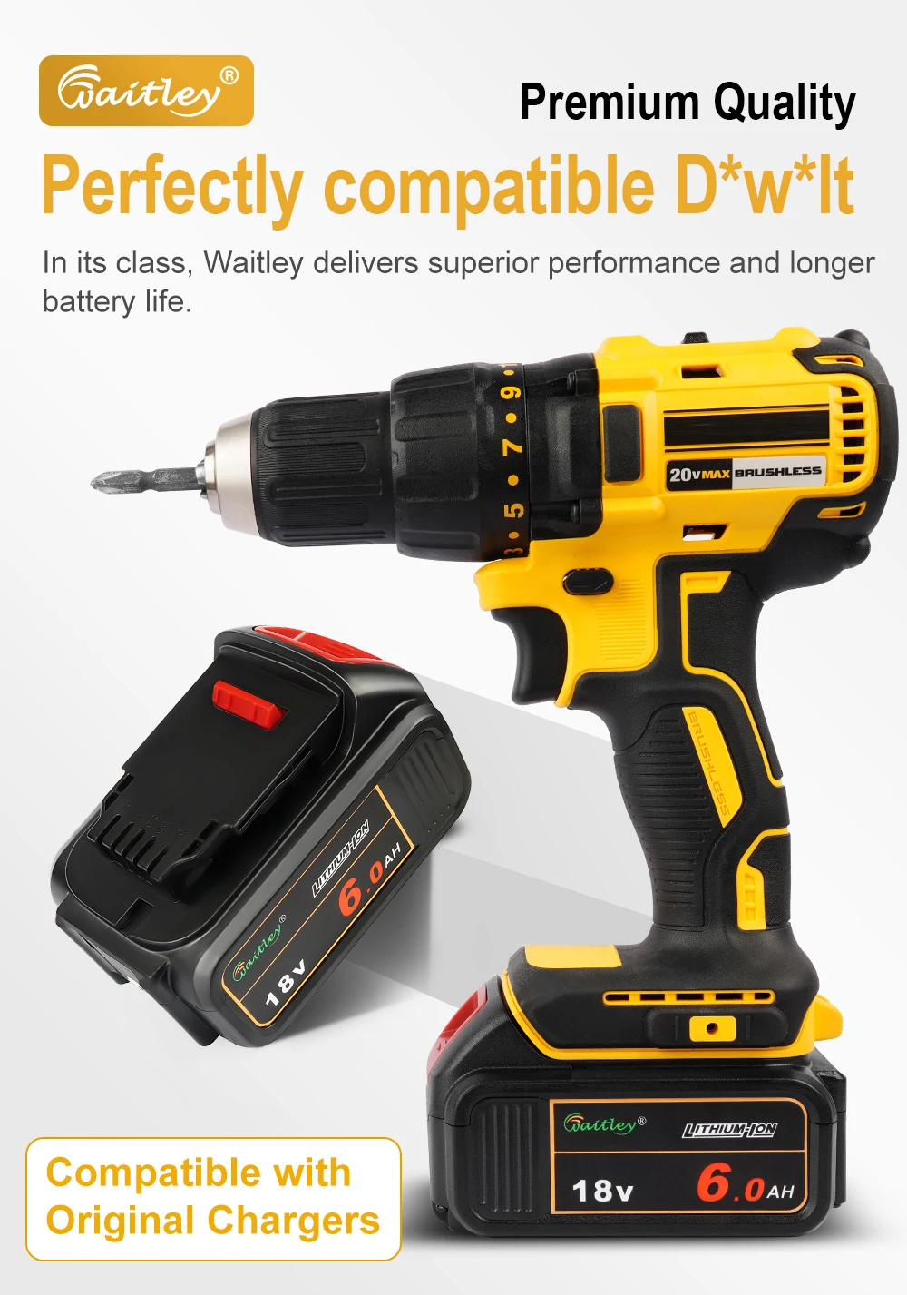 Waitley-Batterie für Dewalt-Elektro werkzeuge 18 v 6ah dcb184 dcb200 wiederauf ladbare Elektrowerkzeug-Lithium batterien 20V 18Volt 18 V 9ah batteries accessories – Detail 4
