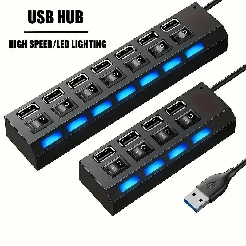 

USB 2.0 Hub Multi Port USB Splitter High Speed Hub Use Power Adapter 4/7 Ports Multiple Expander Led Switch Lamp Hub For Laptop