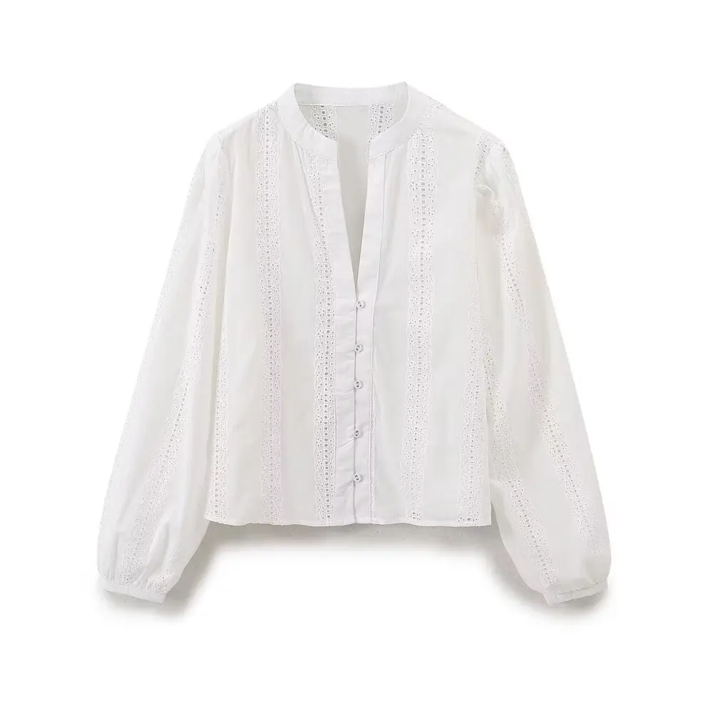 Tangada Women White Embroidery Cotton Shirt Puff Long Sleeve 2024 Female Crop Blouse Tops 6H095