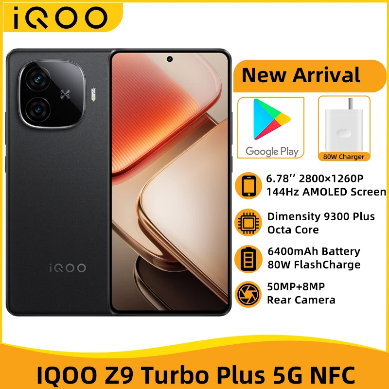 Official ROM IQOO Z9 Turbo Plus 5G NFC Density 9300 Plus 6.78'' 144Hz AMOLED Display 6400mAh Battery 80W Charger 50MP Camera