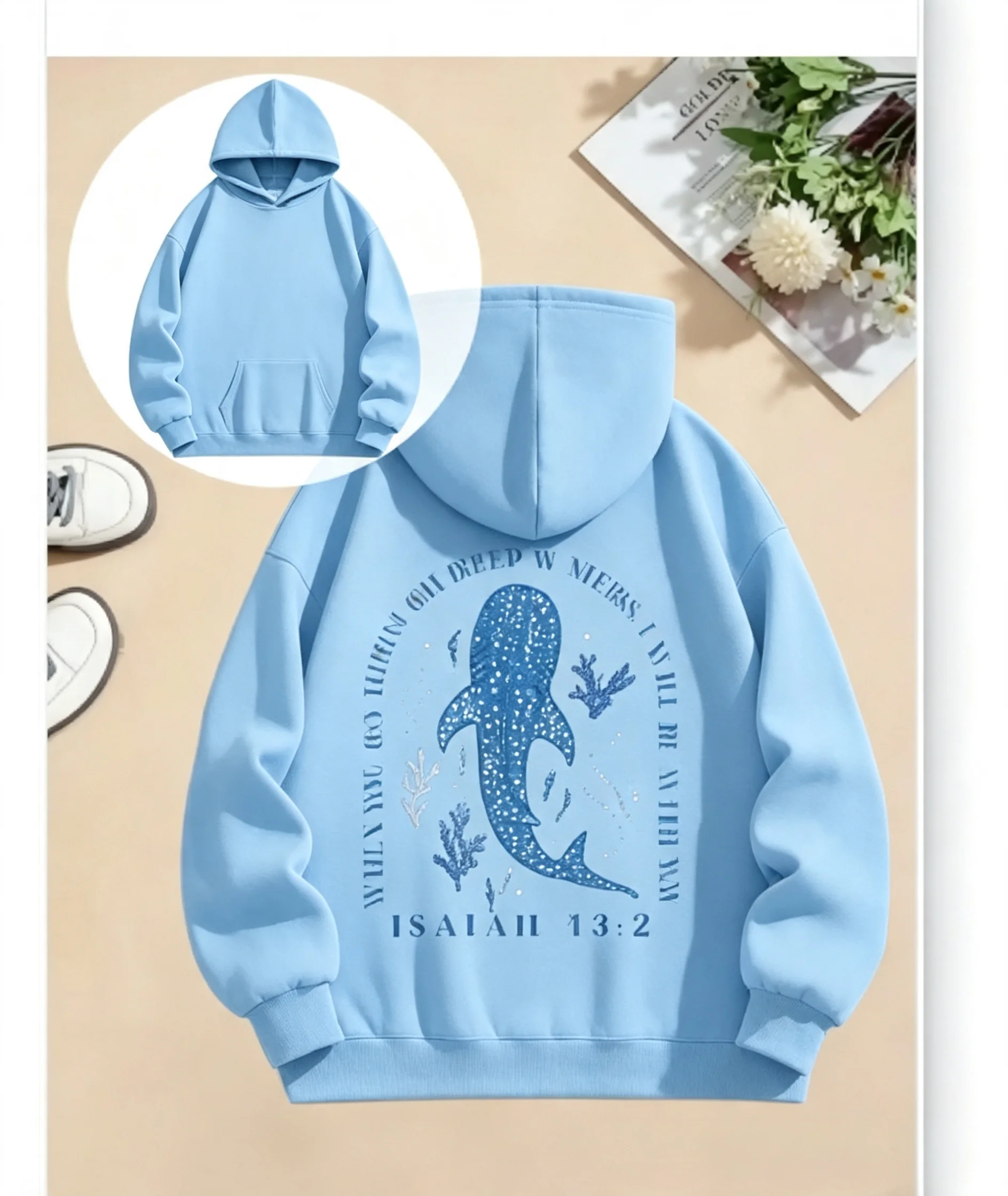 Whale Shark Graphic Hoodie Women Retro Ocean Sea Animal Print Hooded Sweatshirt Casual Loose Back Print Pullover Hoodie clothes