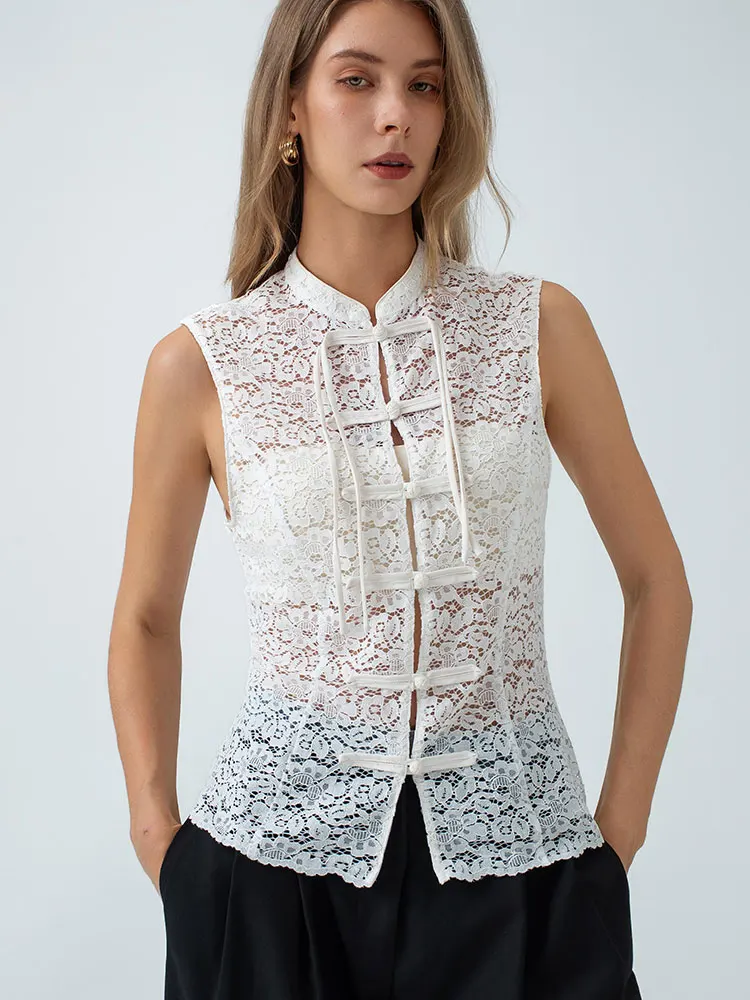 HH Fashion Damen Froschknopf-Oberteil mit Blumenmuster, Lässiges Party-Top, Sommerurlaub, Weißes Ärmelloses Tanktop mit Stehkragen