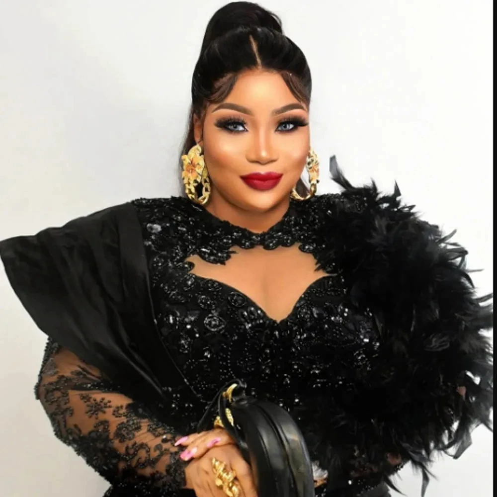 2025 Appliques Luxury Long Sleeve Evening Gown Plus Size Evening Dresses Feathers Vestido Mermaid Evening Dress