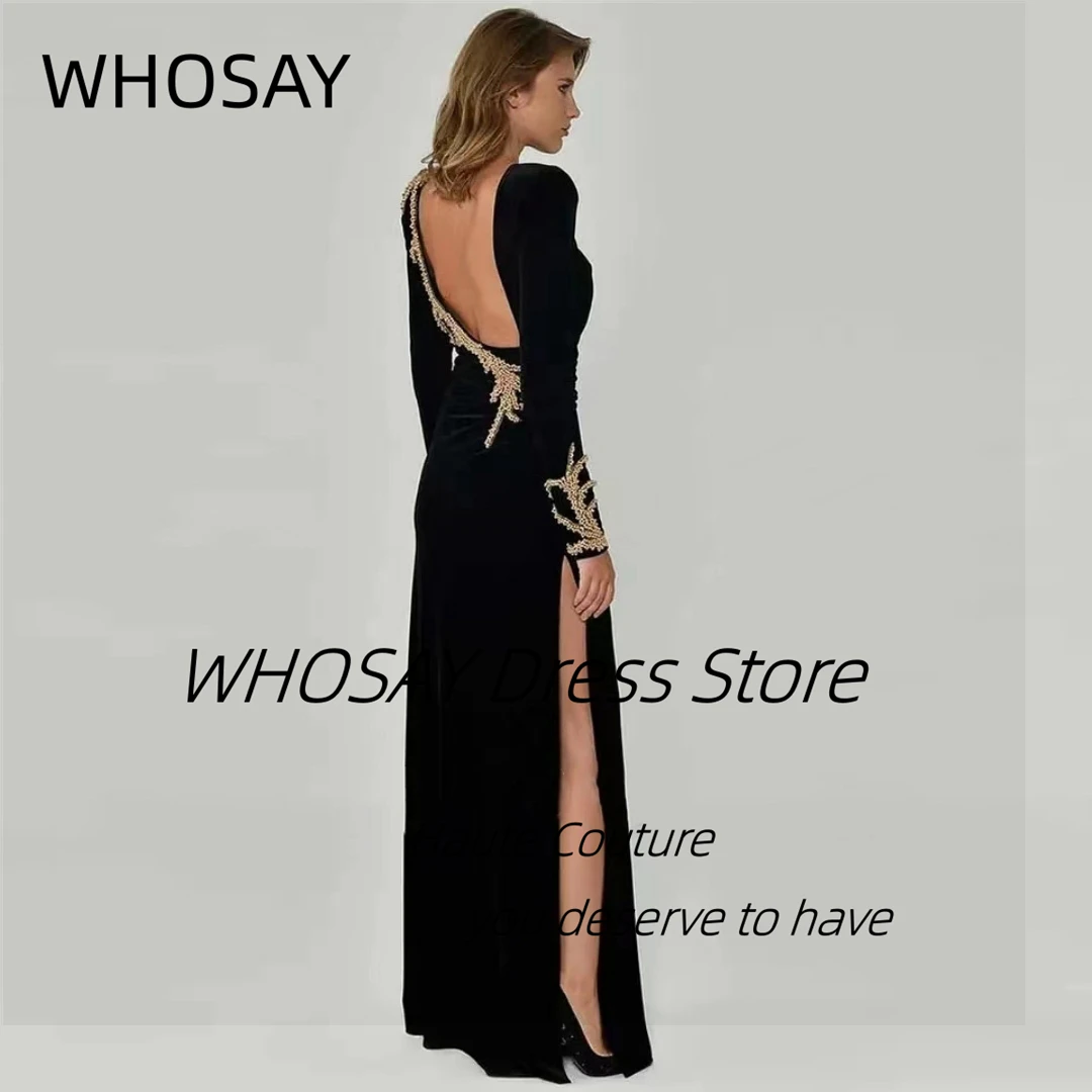 WHOSAY Luxury Beaded Evening Dresses 2024 Black Side Slit Haute Couture Party Gowns Sexy Backless Long Sleeves Prom Dress