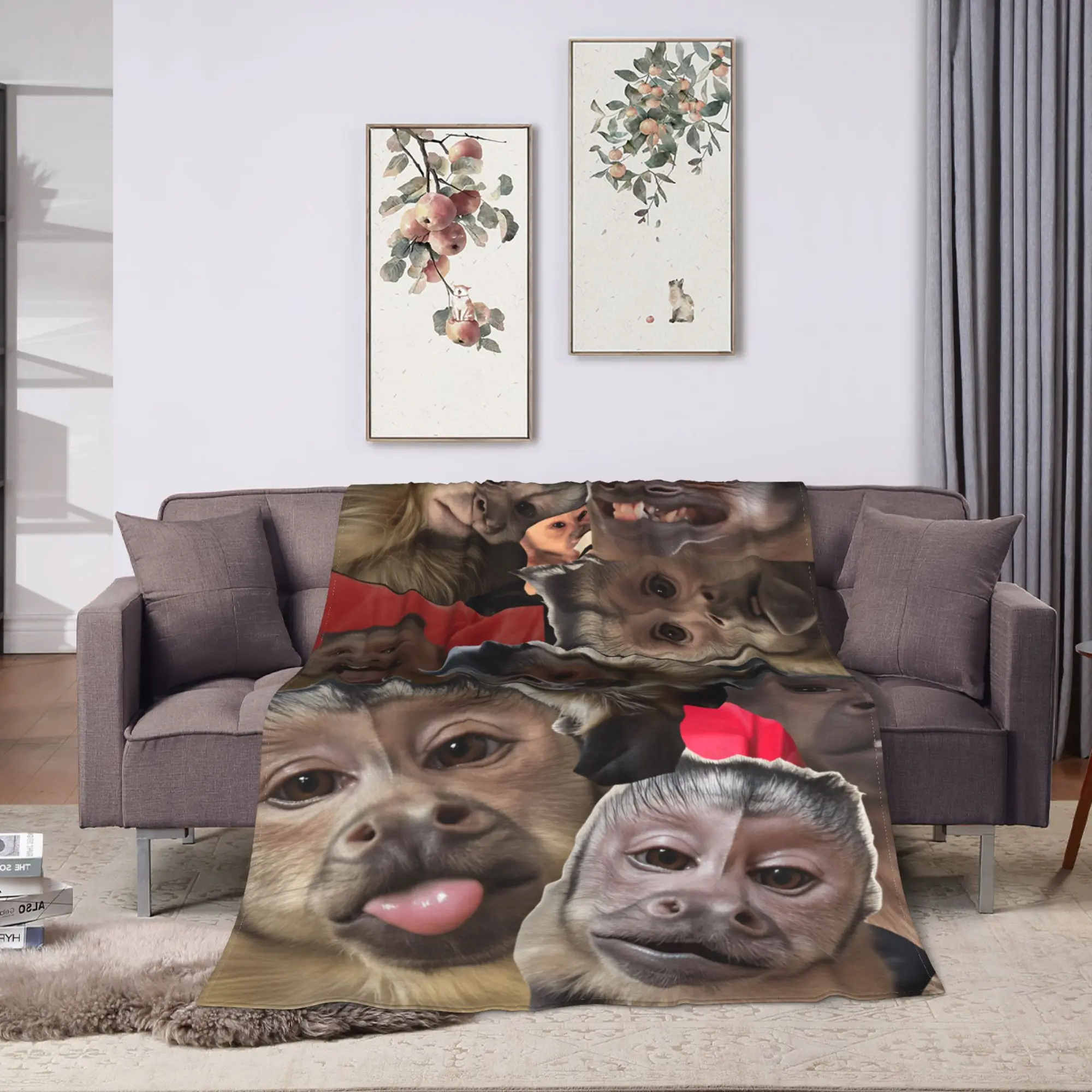 Monkey Face Collage Throw Blanket Soft Cozy Novelty Blanket  For Bedroom Camping Flannel Bedspread Bed Cover