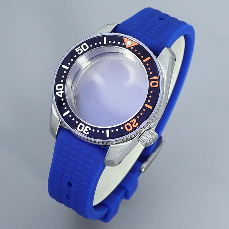 

42mm Watch Case blue Rubber bands Sapphire Unidirectional Rotation Fit Seiko NH35 NH36 Movement 28.5mm Dial Waterproof 3.8 Crown