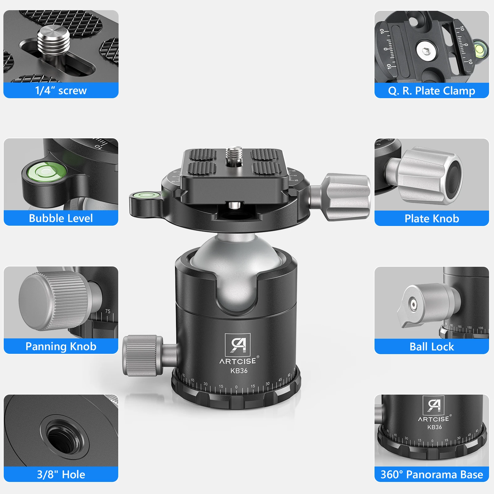 Artcise-Cabezal de bola KB36, trípode profesional de aleación de aluminio CNC completo, 360 ° panorámico, carga máxima de 20kg, para trípode, monopié, cámara